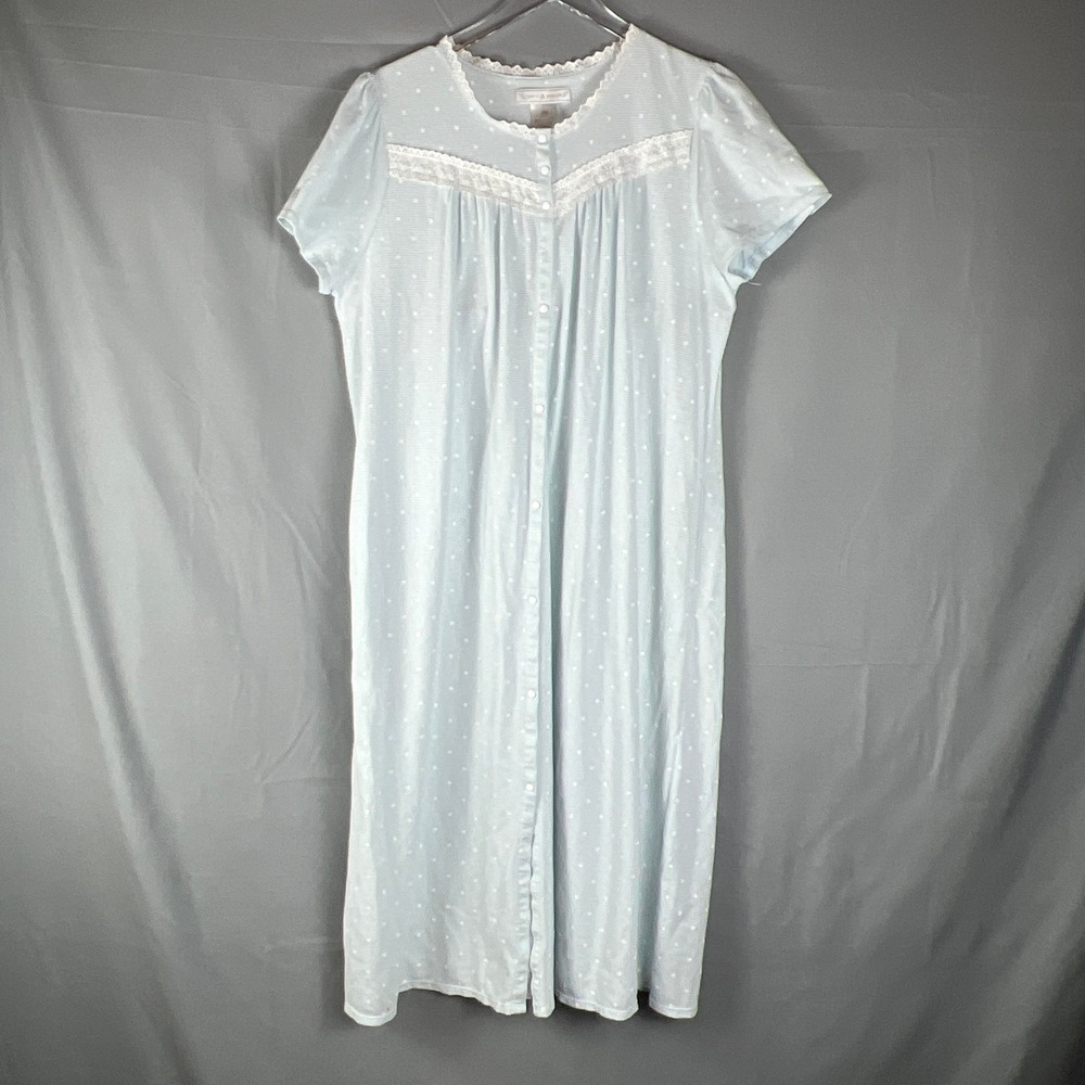 Earth Angels Nightgown Womens Large Light Blue Polka Dot Lace Trim Sleep Wear